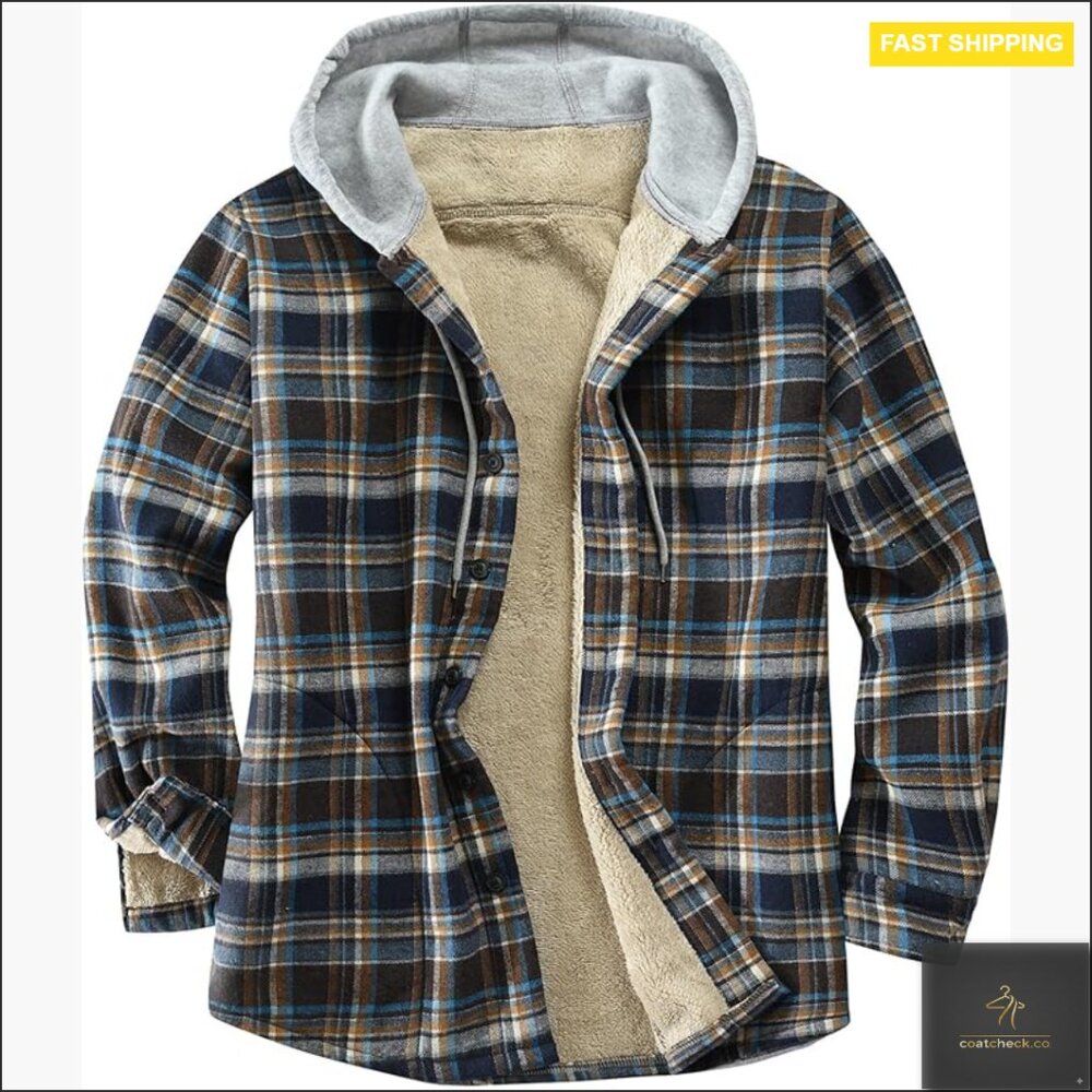 Men's Cotton Plaid Sherpa Lined Flannel Jacket Hooded Button Down Casual